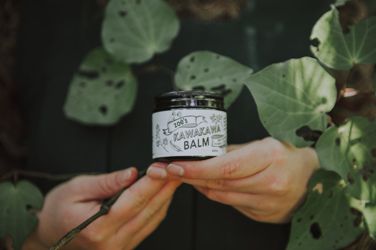 Green Kawakawa leaves surrounding a Zoe's Kawakawa 60ml Original Balm, for healing skin irritations, acne, eczema and inflammation. 