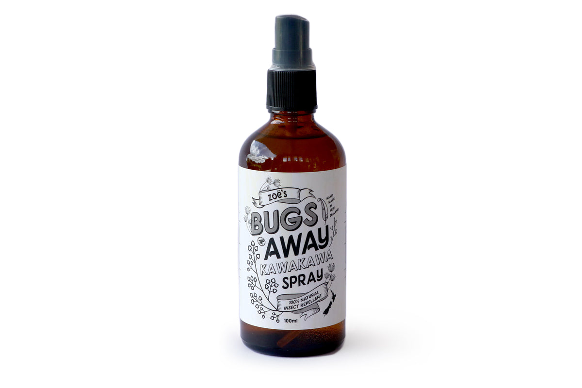 A 100ml bottle of 'Zoe's Bugs Away Kawakawa Spray' natural insect repellent with kawakawa and lemon eucalyptus, for mosquitoes and sandflies.